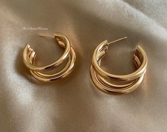 925 Sterling Silver Gold Shiny Triple Hoop Earrings| Silver Hoops| Gold Silver Hoops| Minimalist Earrings