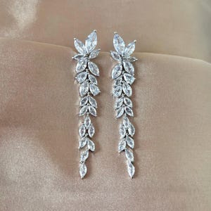 Cubic Zirconia Silver Plated Crystal Leaf Drop Earrings| Bridal Wedding Earrings| Leaf Dangle Earrings| Silver Earrings