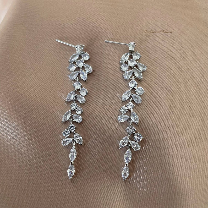 Pendientes colgantes de hoja de cristal chapados en plata de oro rosa de circonio cúbico / pendientes de boda nupcial / pendientes colgantes de hoja / pendientes de oro rosa plateado imagen 4