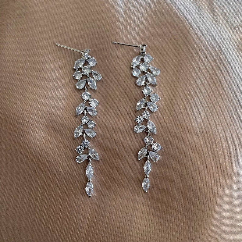 Pendientes colgantes de hoja de cristal chapados en plata de oro rosa de circonio cúbico / pendientes de boda nupcial / pendientes colgantes de hoja / pendientes de oro rosa plateado imagen 7