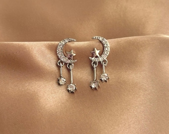 925 Sterling Silver Post  Moon Star Dangle Drop Earrings|Silver Gold Shine Star Earrings|Celestial Earrings|Moon Star Earrings