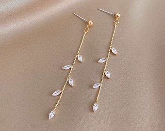 925 Sterling Silver Long Olive Leaf Dangle Drop Earrings| Clip On Earrings| Gold and Silver Tassel Drop Earrings| Bridal Wedding Earrings
