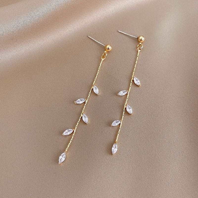 925 Sterling Silver Long Olive Leaf Dangle Drop Earrings| Clip On Earrings| Gold and Silver Tassel Drop Earrings| Bridal Wedding Earrings 