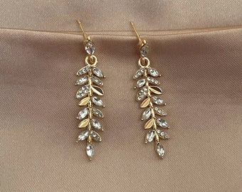 925 Sterling Silber Tropfen Ohrringe | Gold Olivenblatt Tropfen Ohrringe | Kristall Blatt Ohrringe|Olive Blatt Ohrringe|Gold Blatt Ohrringe