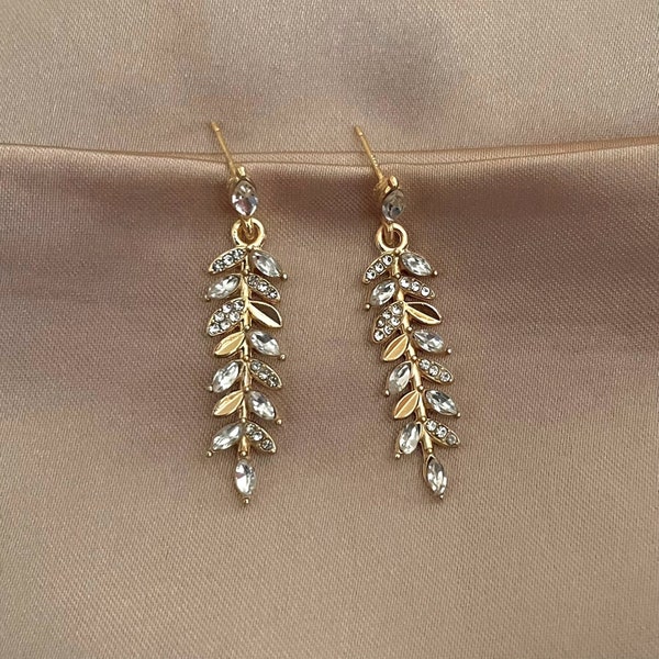 925 Sterling Silver Dangle Drop Earrings| Gold Olive Leaf Drop Earrings| Crystal Leaf Dangle Earrings|Olive Leaf Earrings|Gold Leaf Earrings