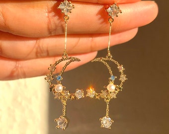 Moon And Star Pearl Dangle Drop Earrings| Night Sky Moon Drop Earrings| Celestial Diamond Dangle Drop Earrings| Moon Dangle Earrings