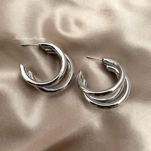 925 Sterling Silver Post Gold Shiny Triple Hoop Earrings| Gold Hoops| Minimalist Earrings