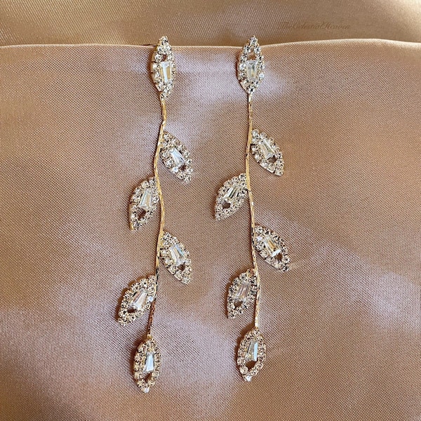 925 Sterling Silver Gold Olive Leaf Dangle Drop Earrings| Long Leaf Earrings| Crystal Tassel Dangle Earrings| Bridal Wedding Earrings