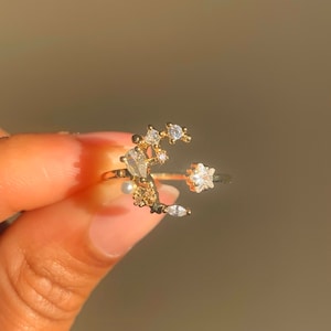 ゴールドシルバームーンスターリング| ステートメントリング| 調節可能なムーンスターリング| サイズ変更可能なオープンムーンリング| 天体リング