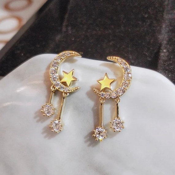 Unique Gold Shine Star Moon Dangle Drop 