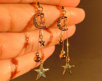 925 Sterling Silver Post Gold Rose Gold Moon and Stars Dangle Drop Earrings| Celestial Earrings| Moon Dangling Earrings| Star Earrings