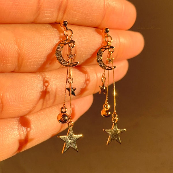 925 Sterling Silver Post Gold Rose Gold Moon and Stars Dangle Drop Earrings| Celestial Earrings| Moon Dangling Earrings| Star Earrings