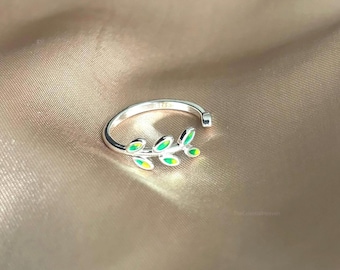 925 Sterling Silver Emerald Green Leaf Adjustable Ring| Sterling Silver Ring