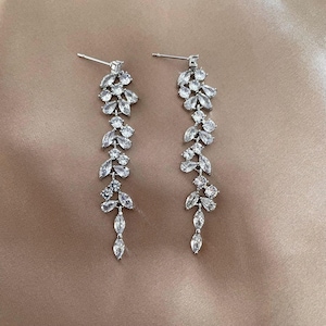 Cubic Zirconia Gold Silver Rose Gold Plated Crystal Leaf Drop Earrings| Bridal Wedding Earrings| Leaf Dangle Earrings| Silver Gold Earrings