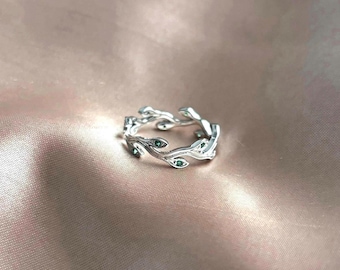 925 Sterling Silver Emerald Green Olive Leaf Adjustable Ring| Sterling Silver Ring