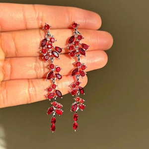 Pendientes colgantes de plata de ley 925 con forma de hoja de cristal color cereza y verde esmeralda/joyería nupcial