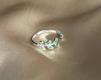 925 Sterling Silver Emerald Green Leaf Adjustable Ring| Sterling Silver Ring