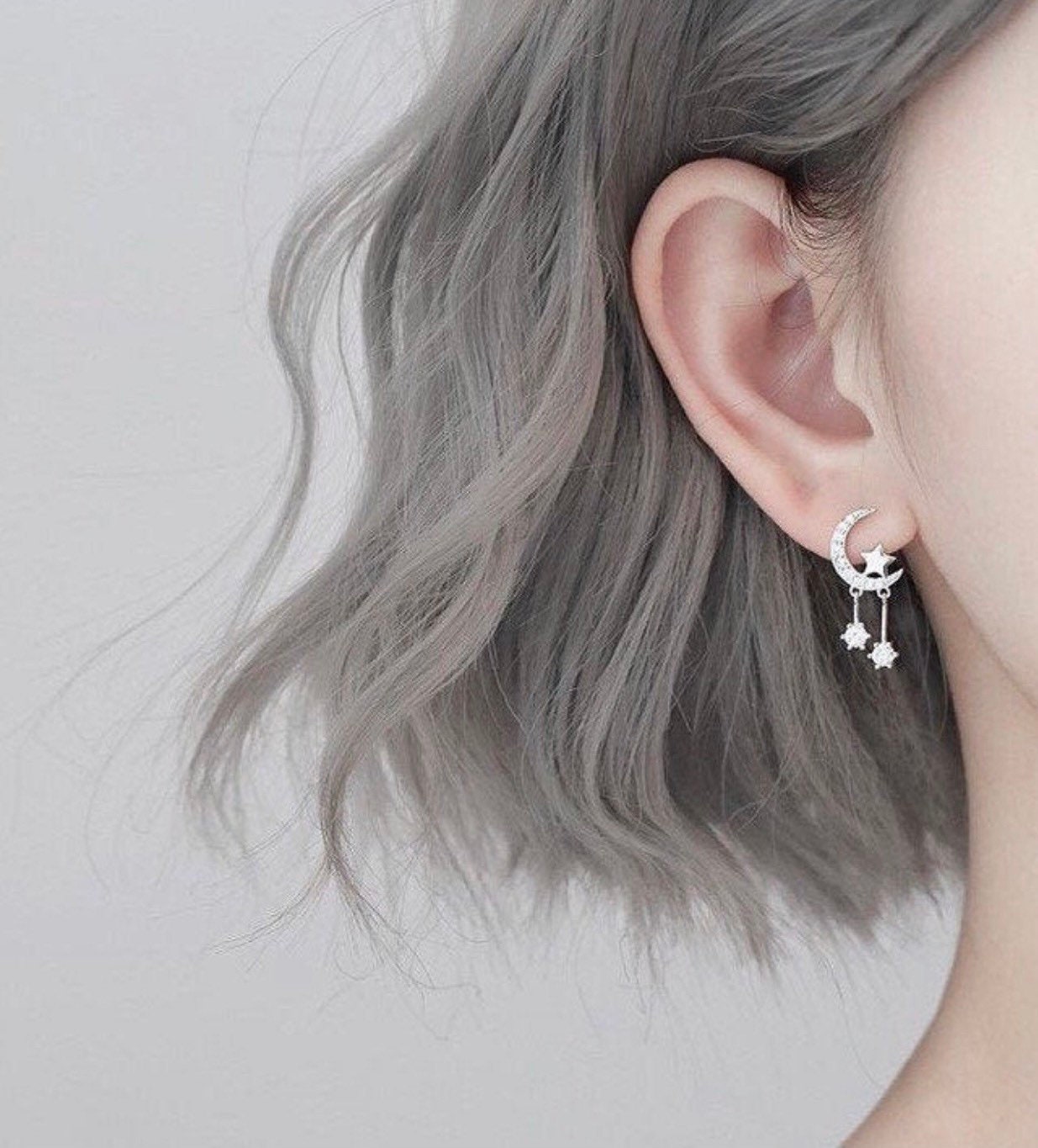 925 Sterling Silver Gold Moon Star Dangle Drop Earringssilver Etsy