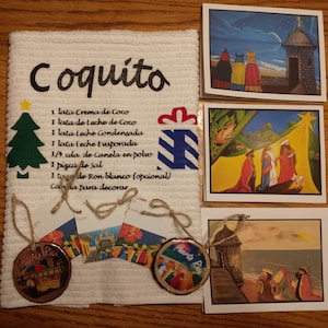 Puerto Rico Souvenir Bundle, 1 Kitchen Towel with Coquito Recipe, 2 Wood Ornaments, 4 Gift Tags, 3 Greeting Cards