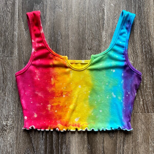 Women’s Vibrant Rainbow Galaxy Ombré Tie Dye Ribbed Crop Top Size Small