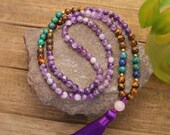 Amethyst Beaded Necklace 108 Mala Beads Prayer Necklace Tassel Pendants Gemstone Azurite Spiritual Meditation Healing Balance Necklace Gifts