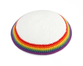 kippah, LGBT, rainbow, white, knit, crochet, handmade