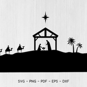 Nativity SVG Holiday Clip Art Black/White Silhouette of Christmas Nativity Manger Scene with Baby Jesus, Mary, and Joseph - Digital Download