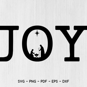 Joy Nativity SVG Black Word &quot;Joy&quot; in Fancy Lettering with Baby Jesus Manger Scene in the Letter &quot;O&quot; - Christmas Theme - Digital Download SVG
