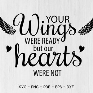 Puede incluir: Gráfico en blanco y negro con alas de ángel y el texto "Tus alas estaban listas pero nuestros corazones no lo estaban".