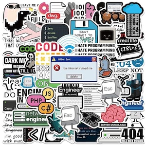 May include: A selection of vibrant stickers with a computer and coding theme. The stickers feature text such as "CODE", "I hate programming", and "the internet ruined me". Other images include a floppy disk, a brain, and a keyboard key.