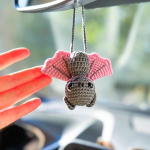 Cute Car Accessory for Women Teens, Pink Bat Plush Rear View Mirror Car Decor, Crochet Bat Charm Car Ornament, Funny Car Mirror Hanging Bat