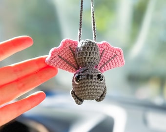 Crochet Pink Bat Car Accessory, Funny Rear View Mirror Ornament
