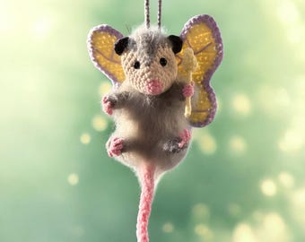 Cute Car Accessory Crochet Possum Car Decor, Rear View Mirror Accessories for Women Teens, Fairy Possum Ornament, Plush Opossum Car Hanger