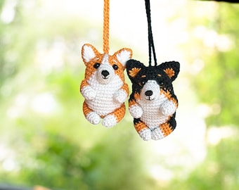 Crochet Corgi Car Accessory Rear View Mirror Hanger, Corgi Gift Cute Car Decoration, Tricolor Corgi Keychain, Cute Car Decor, Corgi Ornament