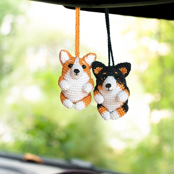 Gehäkelte Corgis Autozubehör Rückspiegel Aufhänger, Corgis Geschenk Niedliche Autodekoration, Tricolor Corgis Schlüsselbund, niedliches Autodekor, Corgis Ornament