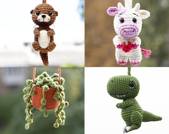 Crochet Car Charm, Cow, Dinosaur, Otter, Plant Car Mirror Hanging Accessory