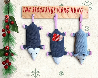 Possum Christmas Stocking Crochet Opossum, Holiday Stocking Possum Bag Saver, Grey Stocking Funny Opossum Bag Holder, Best Gift Possum Purse
