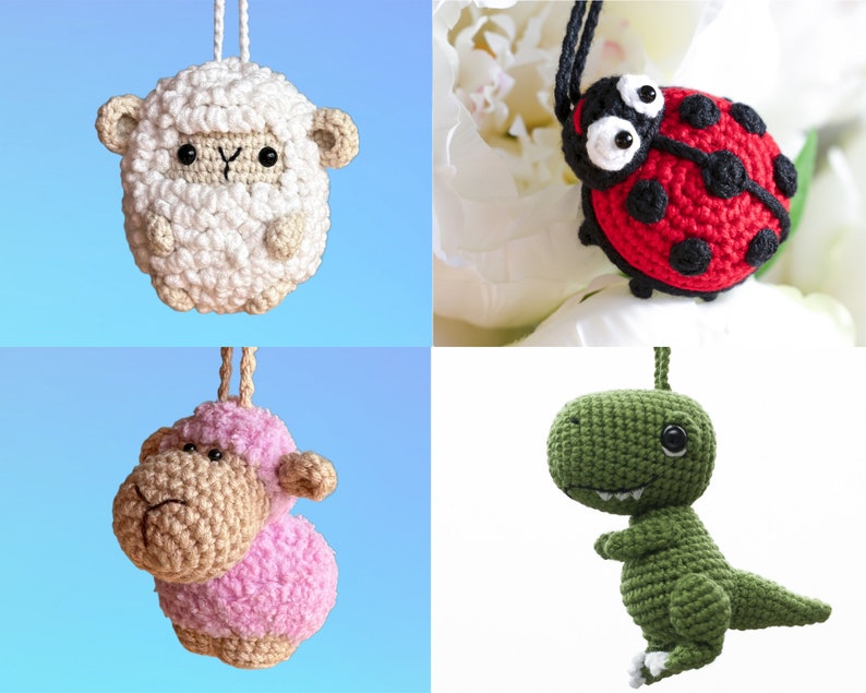 Puede incluir: Cuatro juguetes amigurumi de crochet: una oveja blanca, una oveja rosa, un dinosaurio verde y una mariquita roja.