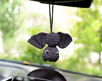 Goth Car Accessory Bat Plush Rear View Mirror Accessory for Women, Men Teens, Halloween Car Mirror Hanging Bat Car Decor, Crochet Car Charm