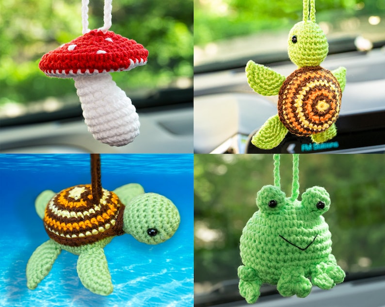 Puede incluir: Cuatro amuletos de coche de ganchillo: un hongo rojo y blanco, una tortuga verde con rayas marrones y amarillas, una tortuga verde con rayas marrones y amarillas y una rana verde.