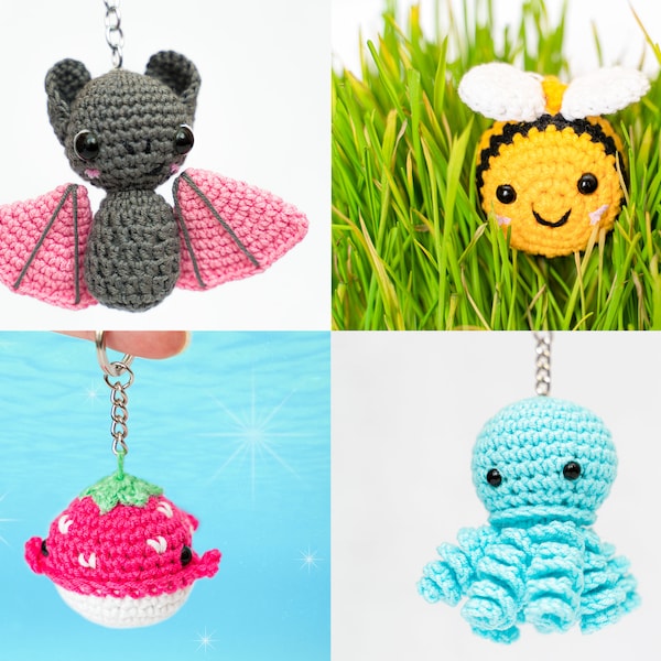 Crochet Keychain Crochet Animals Plush Keychain, Mini Bat, Frog Keychain, Crochet Bee Keychain, Stuffed Animal Keychain Crochet Cow Keychain