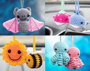 Lindos accesorios colgantes de espejo de coche para mujeres, adolescentes, espejo retrovisor gato decoración de coche murciélago, abeja anime accesorios de coche Pokemon, crochet Kawaii