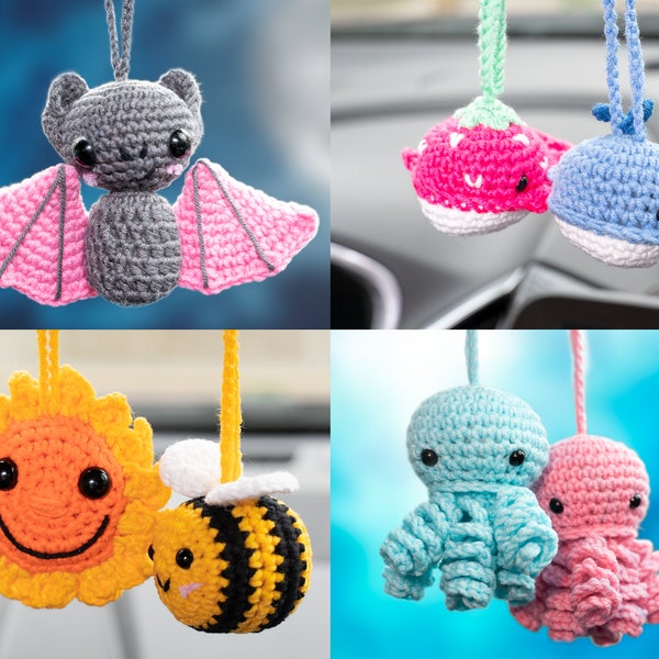 Cute Car Mirror Hanging Accessories for Women, Teens, Rear View Mirror Cat Car Decor Bat, Bee Anime Car Accessories Pokemon, Crochet Kawaii
