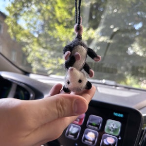 Handmade Crochet Possum Car Charm - Swinging Rearview Mirror Ornament With Pink Hat