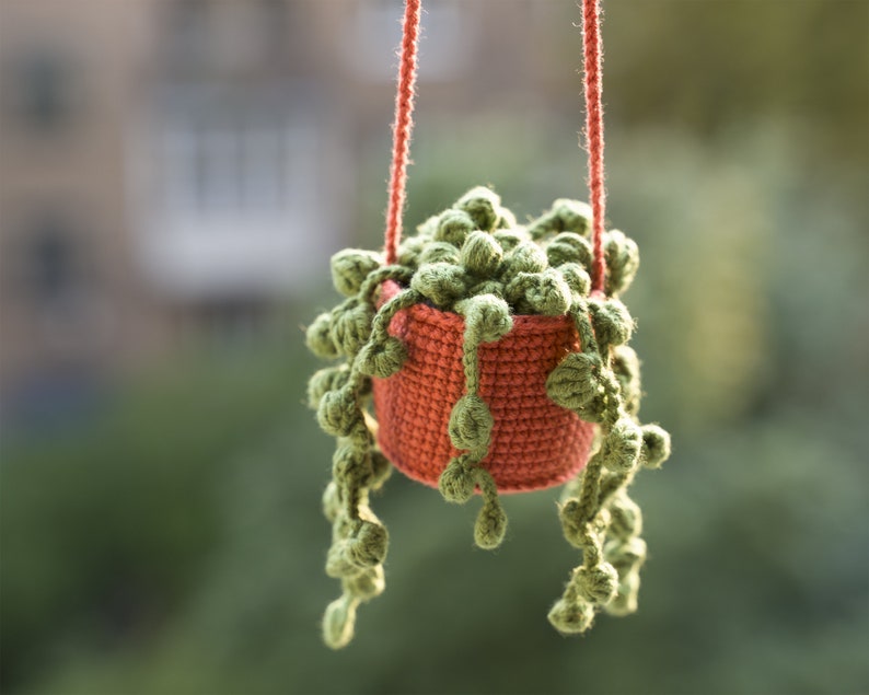 Puede incluir: Una planta suculenta de crochet en una maceta de terracota colgada de una cuerda. La planta tiene hojas verdes y la maceta es de color naranja rojizo.