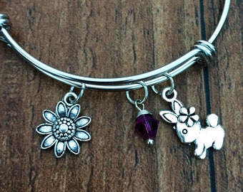 Bunny Charm Bracelet for Women ~ Birthstone Bunny Rabbit Bracelet ~ Silver Bunny Charm ~ Flower Charm ~ Easter Gift~ Personalized