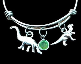 Dinosaur Bracelet ~ Dinosaur Jewelry ~ Dino Bracelet ~ Birthstone Gift ~ Personalized Gift ~ Dinosaur Gift ~ Silver Dinosaur Charm ~ Bangle