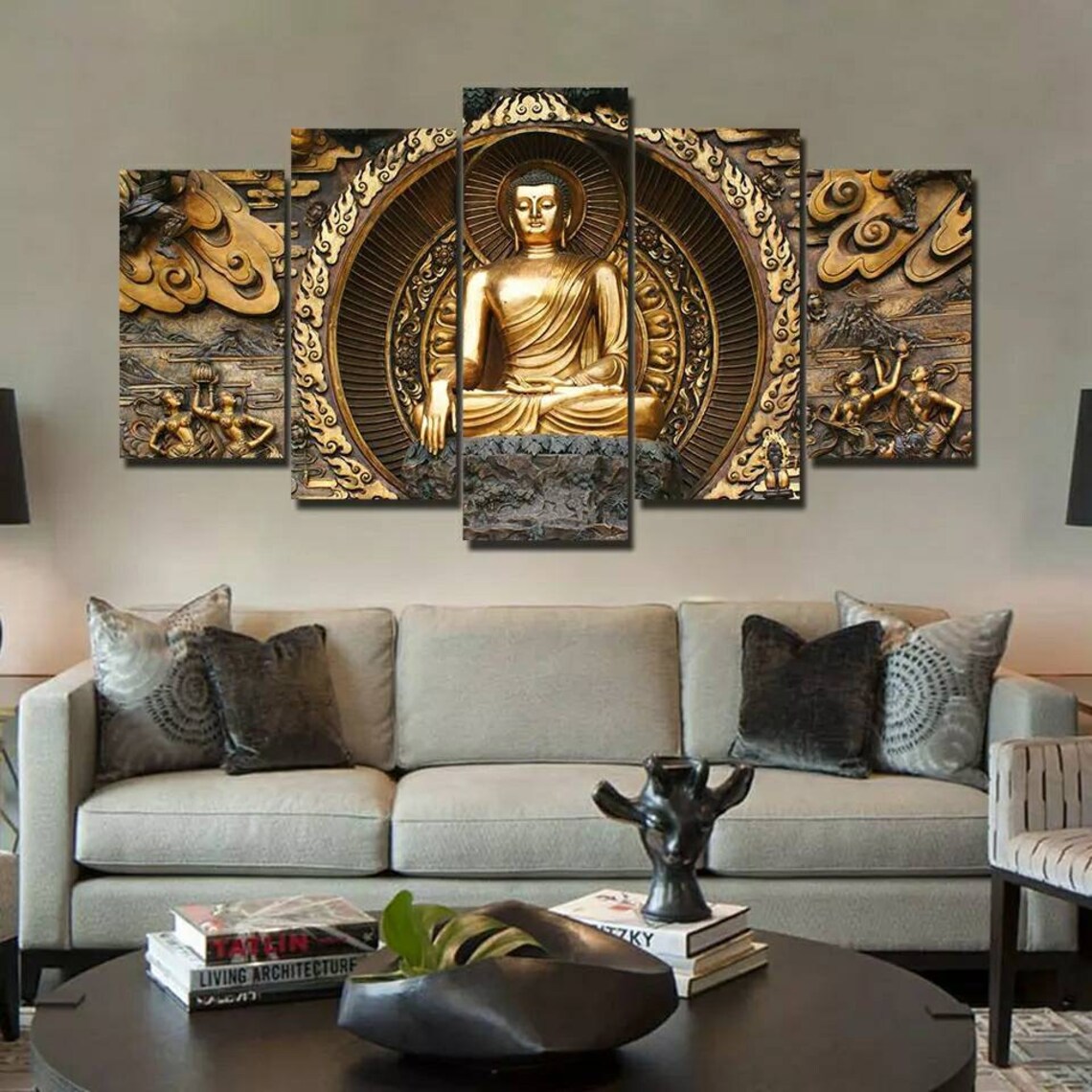 Meditating Buddha Gold 5 Piece Panels Home Decor Print Wall Etsy