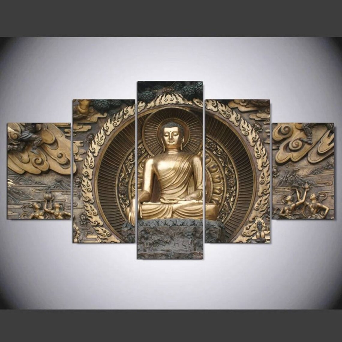 Meditating Buddha Gold 5 Piece Panels Home Decor Print Wall Etsy