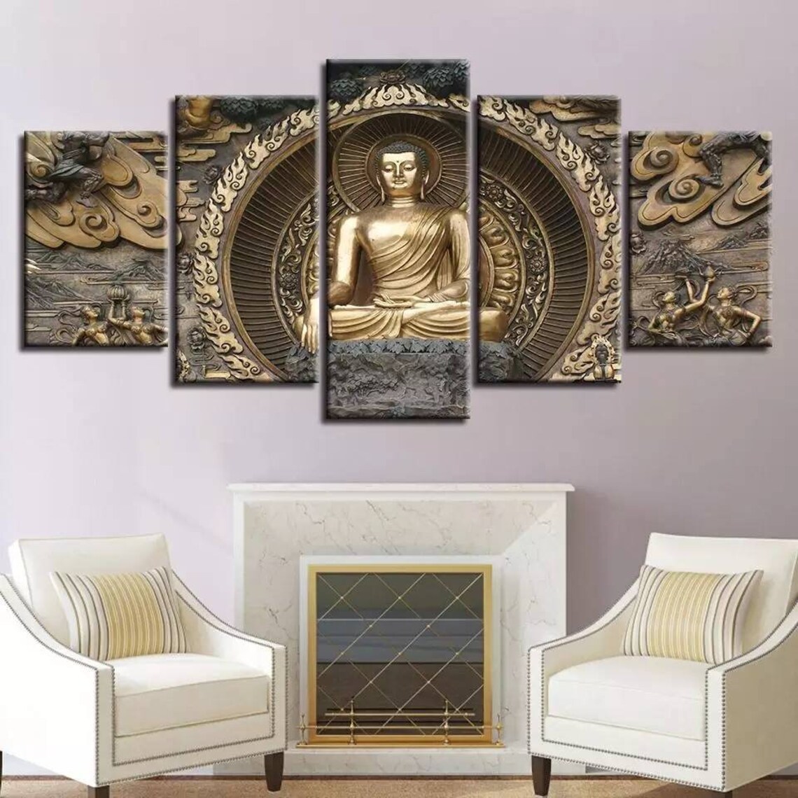 Meditating Buddha Gold 5 Piece Panels Home Decor Print Wall Etsy